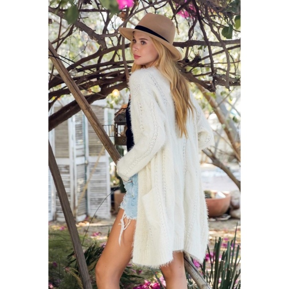 SOLD OUT Cream Fuzzy Soft Cable Cardigan Open Sweater - Picture 6 of 7